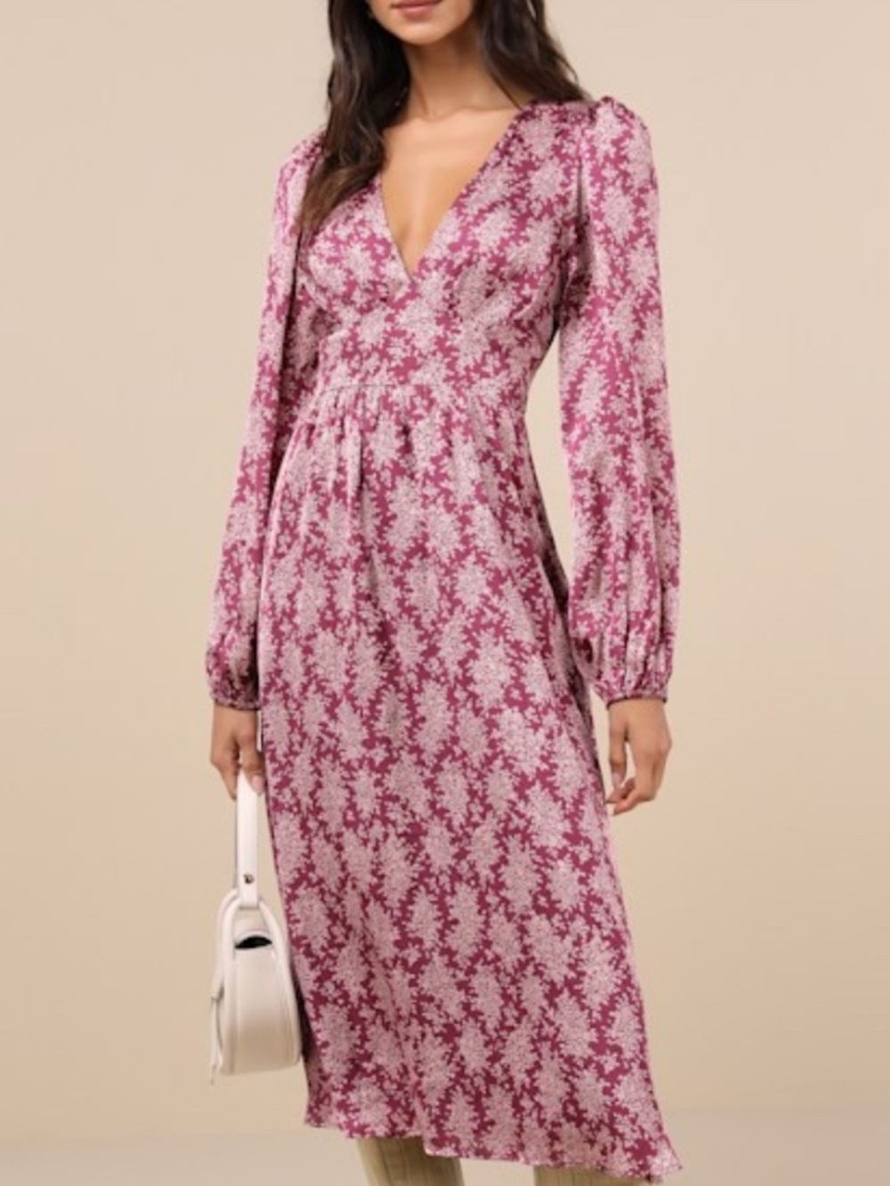New Lulu's Mauve Floral V-Neck Long Sleeve Midi Dress size S purple with white